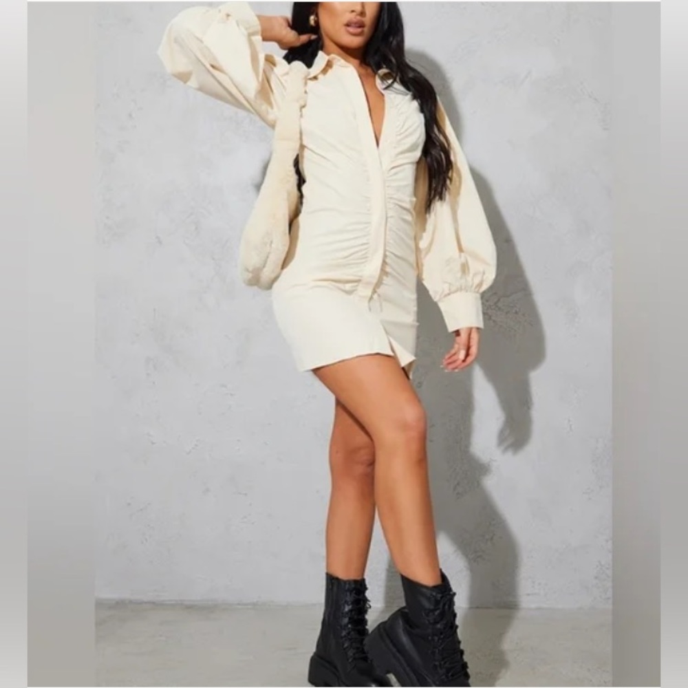Stone woven ruched puff sleeve shirt dress